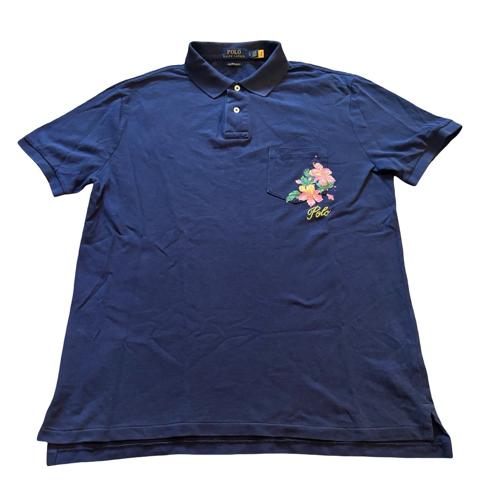 Polo Ralph Lauren Mens‎ Navy Hibiscus Floral Custom Slim Fit Polo Shirt Large